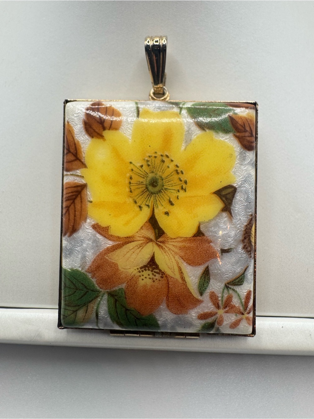 Vintage 1950s Guilloche Enamel Hand Painted Yellow Floral Book Locket Pendant
